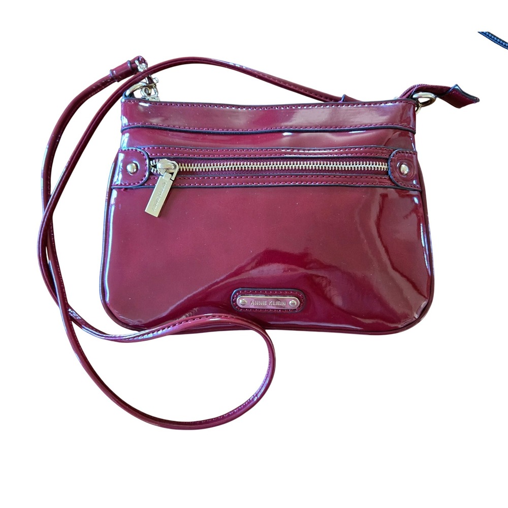 Anne Klein Chic Burgundy Patent Crossbody Bag Front Zip Pocket Gold Hardware